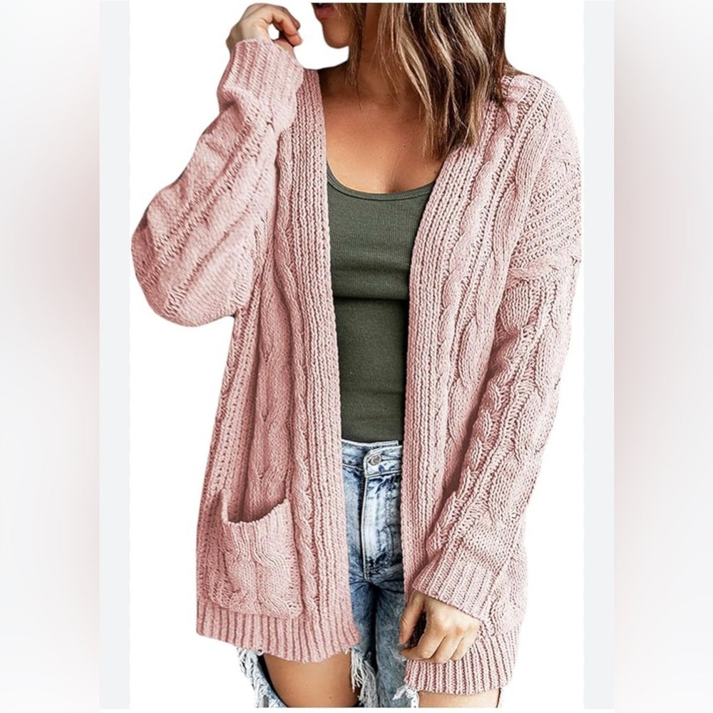 Kim Rogers women’s XLP open front‎ long sleeve core knit cardigan sweater pink.